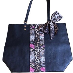 Large Betsey Johnson Black Tote Shoulder Bag, Pink & Gray Snakeskin, Leopard Bow